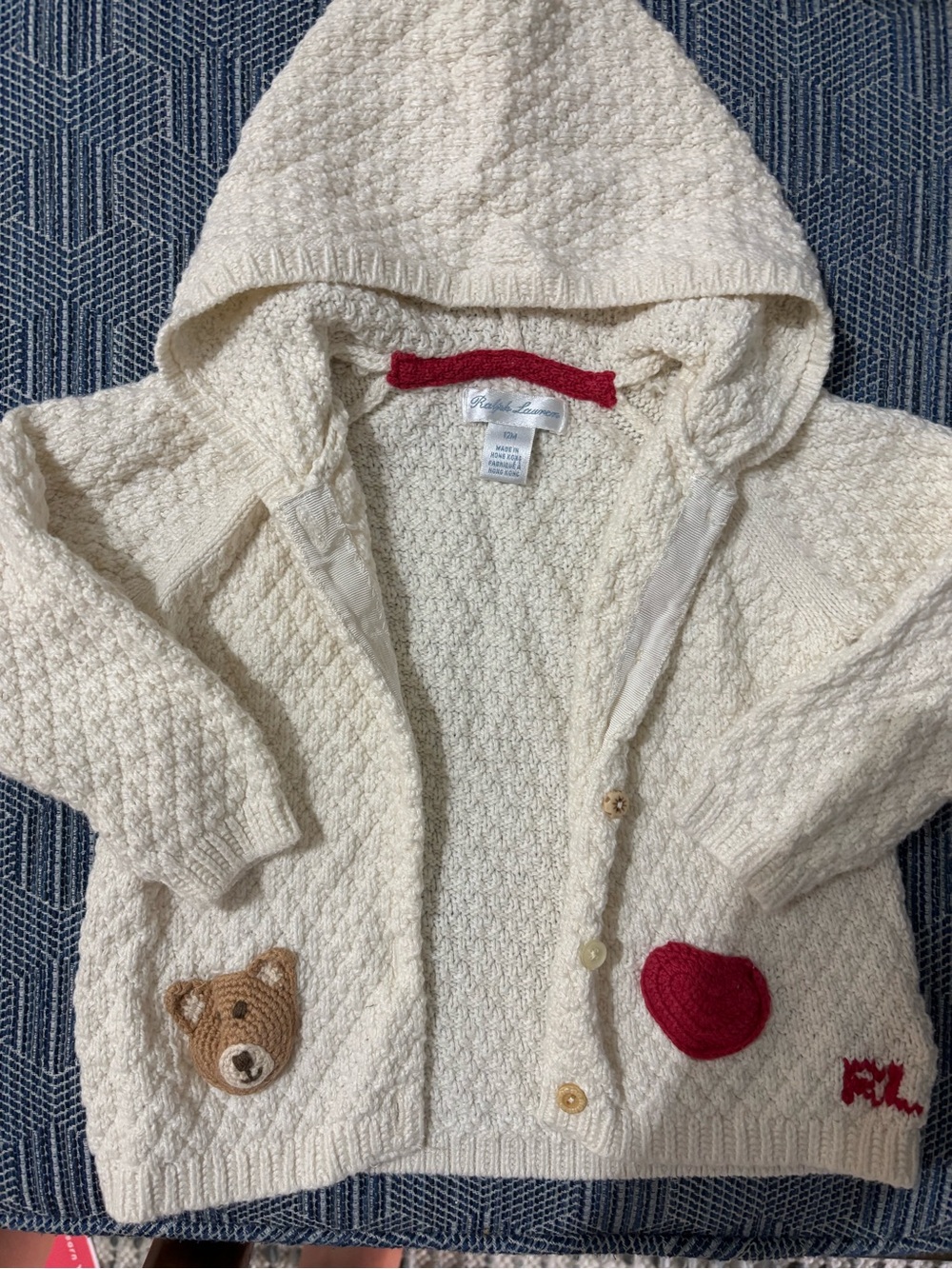 Ralph Lauren Cream Hooded Knit Cardigan with Bear & Red Heart Accents - Kids